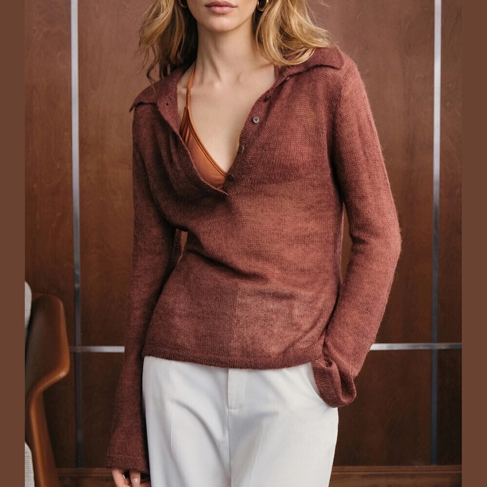 Rust Brown Sheer Knit Collared Button Placket Slim Fit Polo Sweater